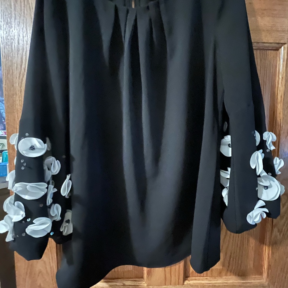 Alfani Black Blouse with White Floral Sleeves